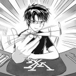 Male manga character spinning a pen in his fingertips